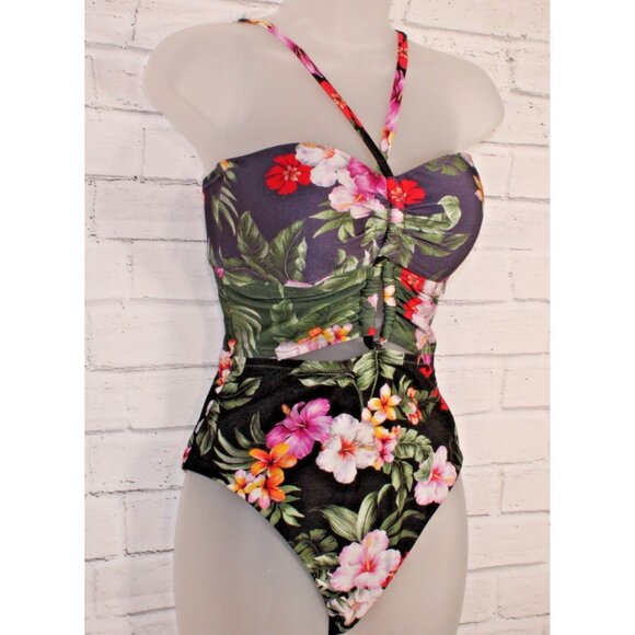 Bar III Women's Floral Keyhole One-Piece Swimsuit Navy Blue Size Medium NWT - Picture 4 of 8